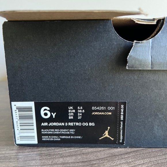 Nike Air Jordan 3 Retro OG BG Black Cement Sneaker Size 6Y or Women's 8 #B1232A - Picture 2 of 11